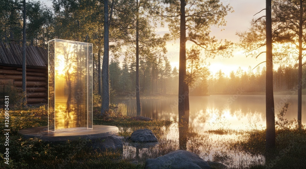 Fototapeta premium Glass portal in serene forest lake sunrise.
