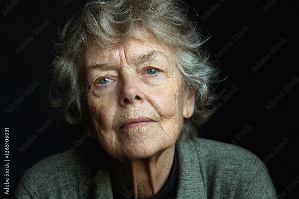 Older woman with gray hair and thoughtful expression poses against a dark background Older woman with gray hair and thoughtful expression poses against a dark background