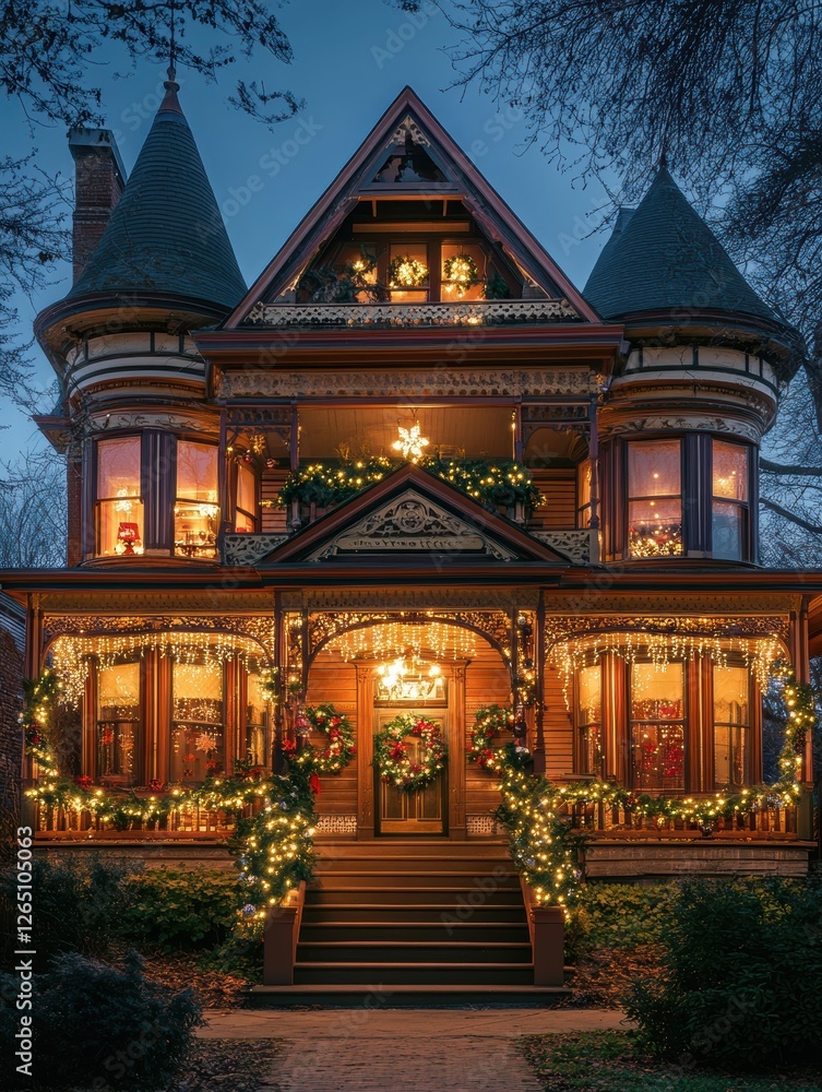 Fototapeta premium Victorian style house decorated extensively with christmas lights and wreaths