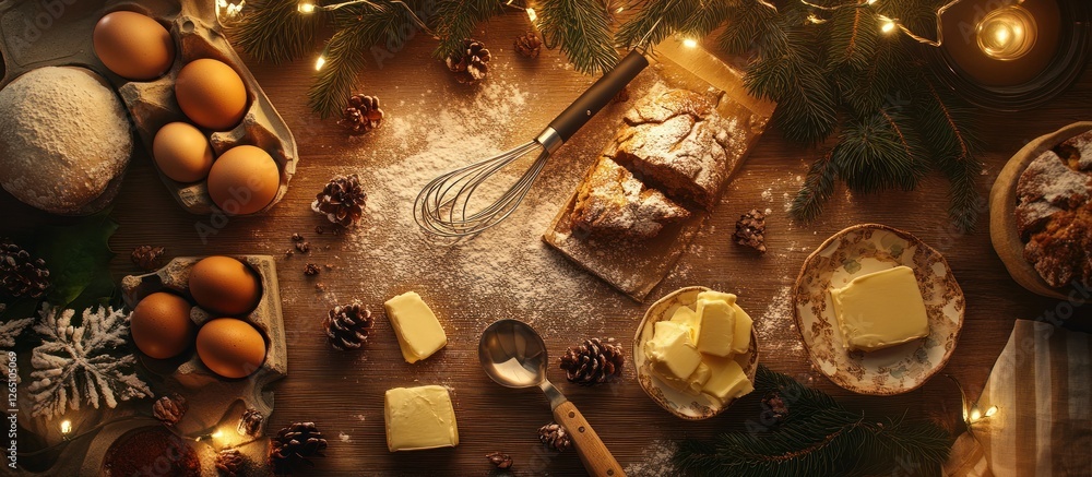 Festive baking scene bread, butter, eggs, flour, whisk, and pine cones on a wooden table with warm lighting. Festive baking scene bread, butter, eggs, flour, whisk, and pine cones on a wooden table with warm lighting.