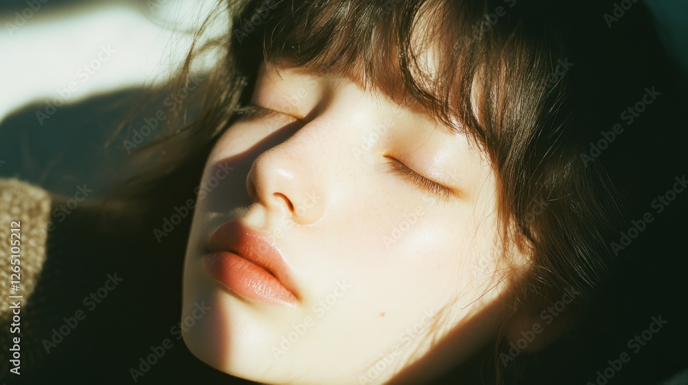 Naklejka premium A young person lies peacefully in soft sunlight, capturing the essence of tranquility and reflection.