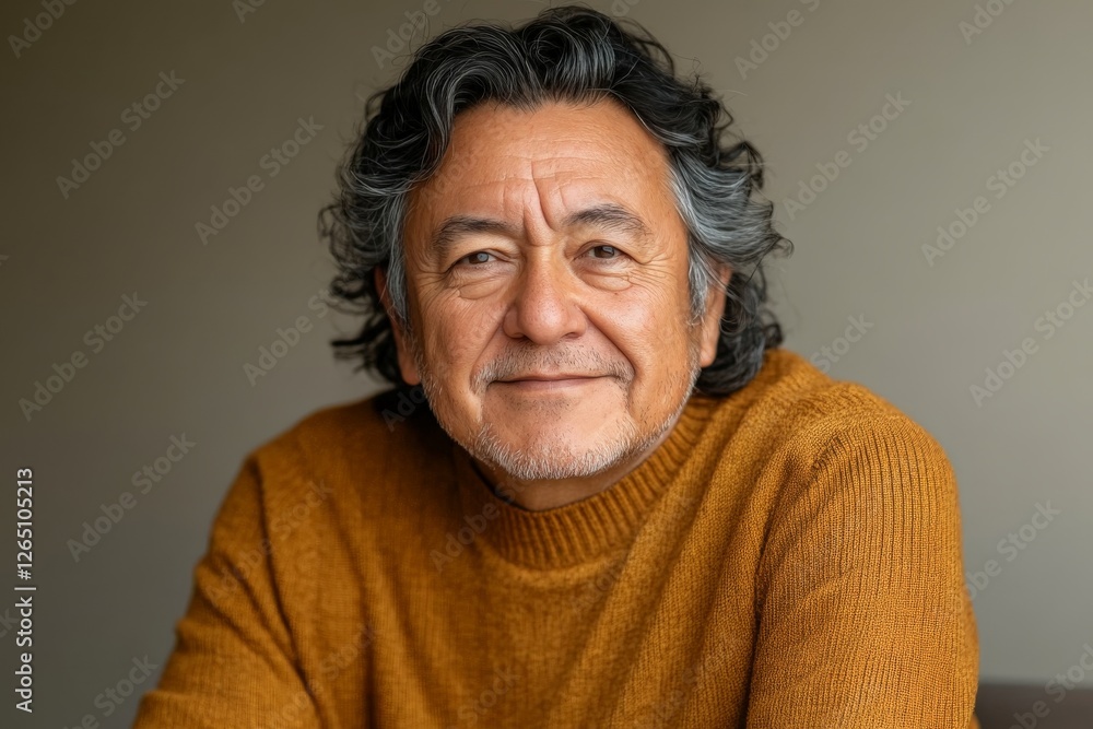 Older man smiling in a cozy brown sweater with natural lighting in a modern indoor setting Older man smiling in a cozy brown sweater with natural lighting in a modern indoor setting
