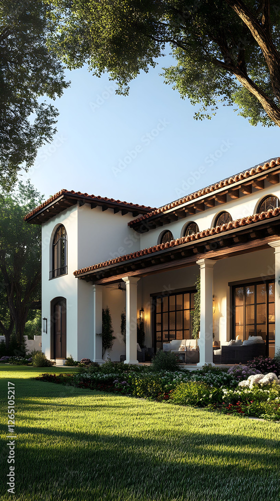 Obraz premium Mediterranean Style Home Architectural Rendering: Luxurious Villa Design with Lush Landscaping