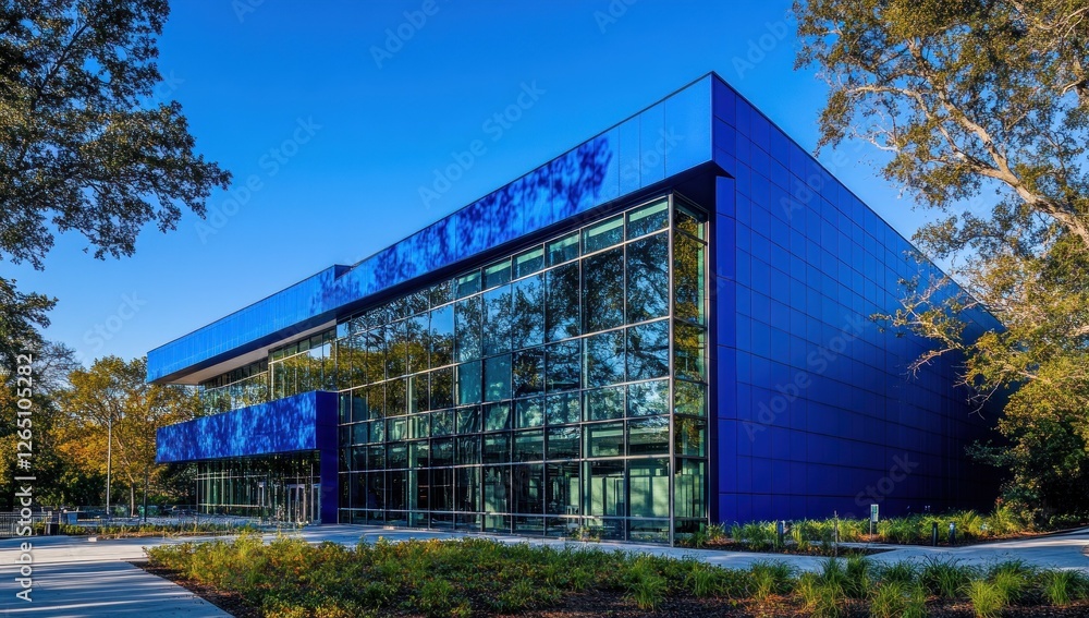 Obraz premium Modern blue building with large glass windows and landscaping.