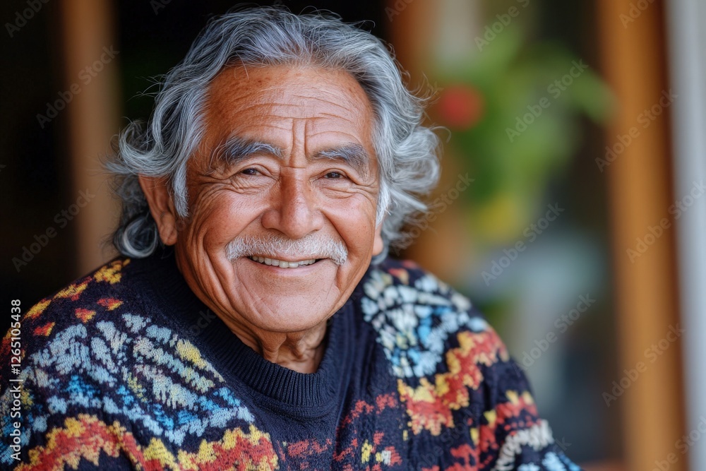 Smiling elderly man wearing colorful sweater in cozy indoor setting with natural light Smiling elderly man wearing colorful sweater in cozy indoor setting with natural light