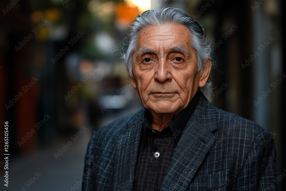 Elderly man stands confidently in an urban setting with a thoughtful expression during the late afternoon light Elderly man stands confidently in an urban setting with a thoughtful expression during the late afternoon light