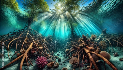 Underwater mangrove ecosystem with tropical fish, marine conservation concept