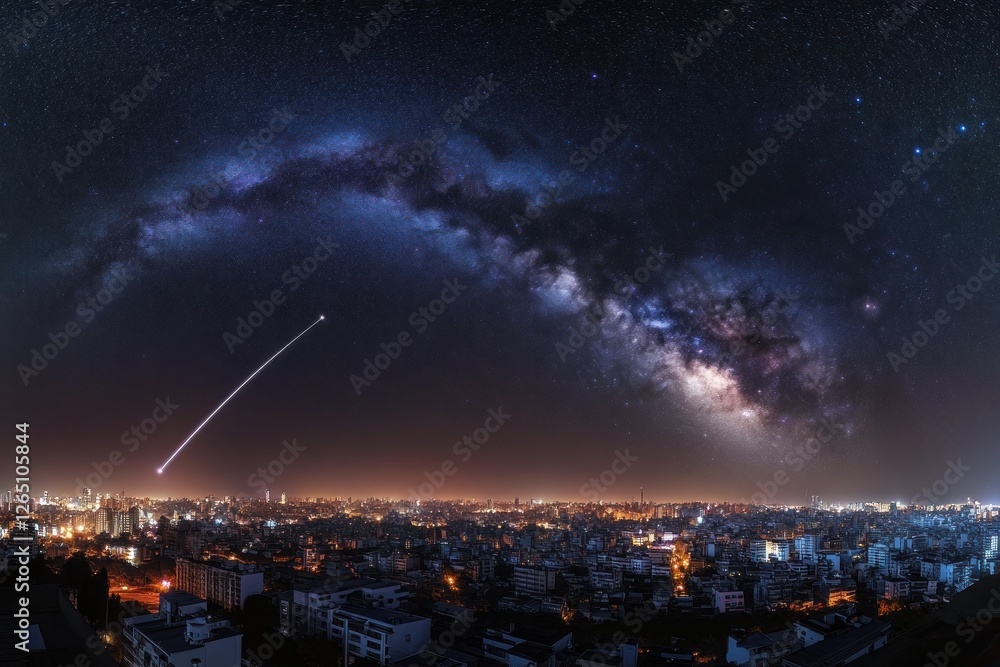 Naklejka premium Night cityscape with Milky Way galaxy and shooting star.