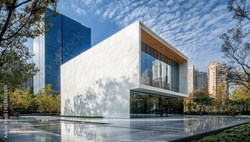 Modern white marble building with glass facade, situated in a city park, reflecting blue sky.