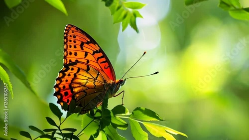 Indian fritillary butterfly resting on green leaves