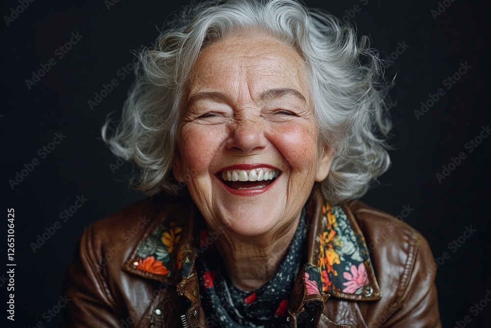 Joyful elderly woman smiling warmly while wearing a floral scarf and brown leather jacket indoors Joyful elderly woman smiling warmly while wearing a floral scarf and brown leather jacket indoors