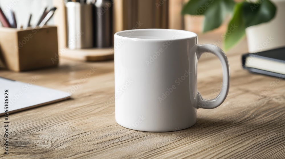 A simple white mug sits on a wooden desk surrounded by office supplies, exuding a minimalist and organized work environment. A simple white mug sits on a wooden desk surrounded by office supplies, exuding a minimalist and organized work environment.