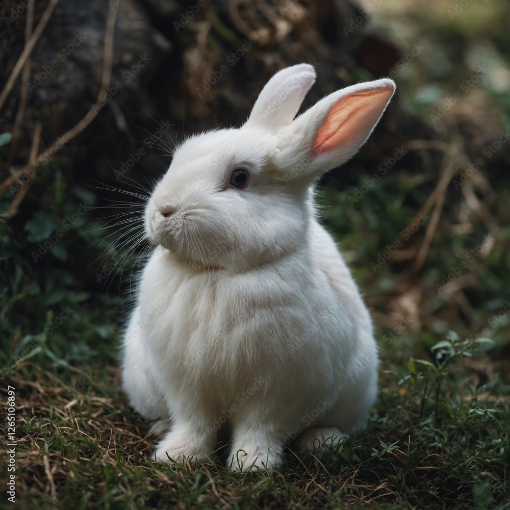 A young white bunny with a round, puffy body sitting still. A young white bunny with a round, puffy body sitting still.