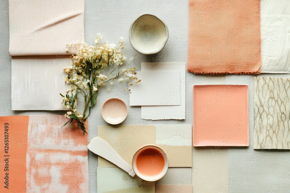 Flat lay of peach, beige, and white color palette swatches, small bowls, and flowers. Flat lay of peach, beige, and white color palette swatches, small bowls, and flowers.