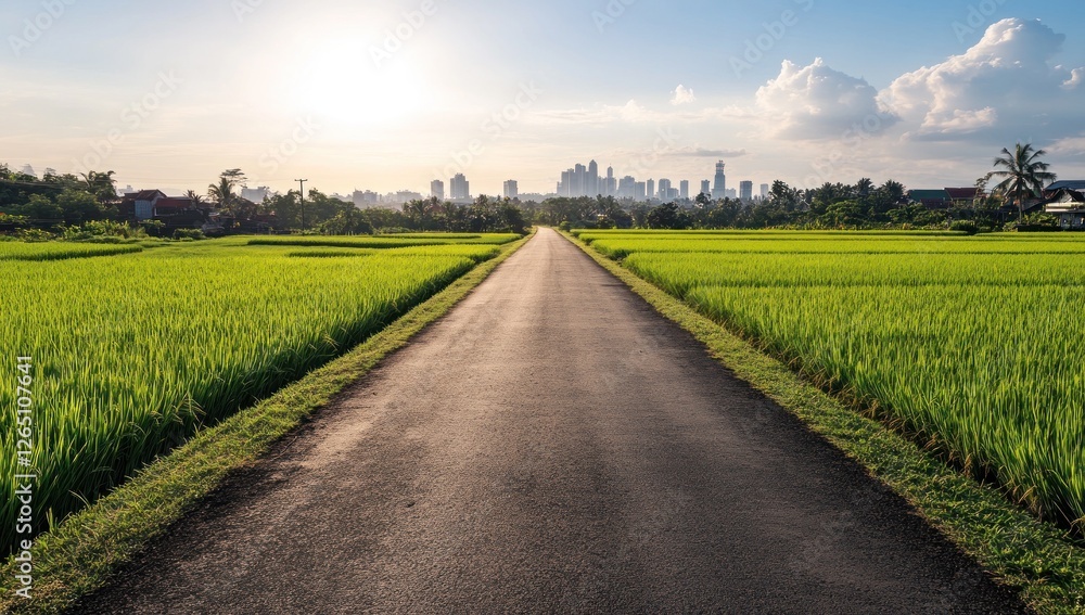 Asphalt road through vibrant green rice paddy fields leading to a distant city skyline under a partly cloudy sky. Asphalt road through vibrant green rice paddy fields leading to a distant city skyline under a partly cloudy sky.
