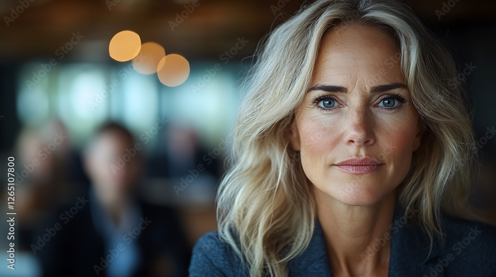 Confident woman in a professional setting, engaged in a meeting with blurred colleagues behind her Confident woman in a professional setting, engaged in a meeting with blurred colleagues behind her