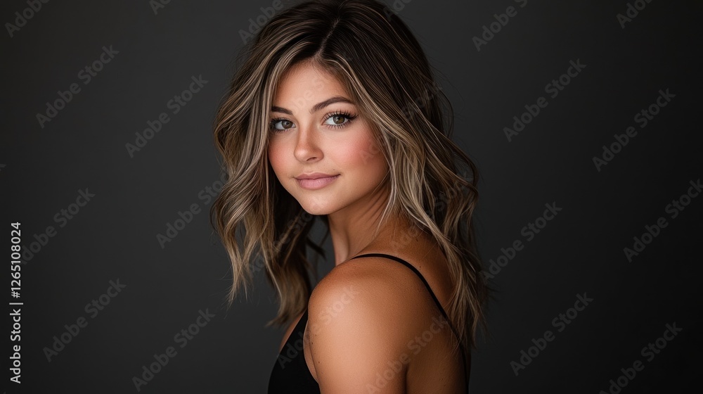 Woman smiling, studio portrait, dark background, headshot Woman smiling, studio portrait, dark background, headshot