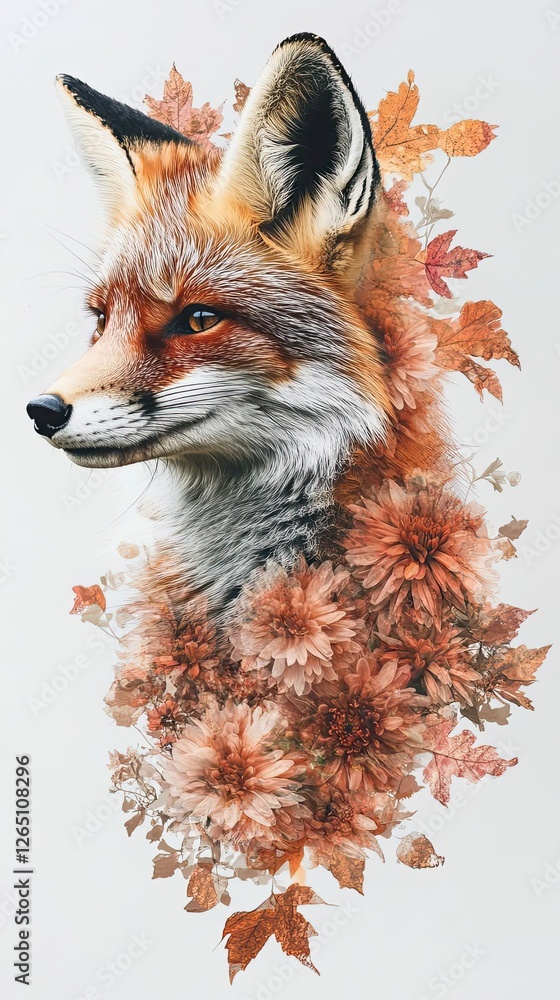 custom made wallpaper toronto digitalArtistic fox portrait with autumn flowers.