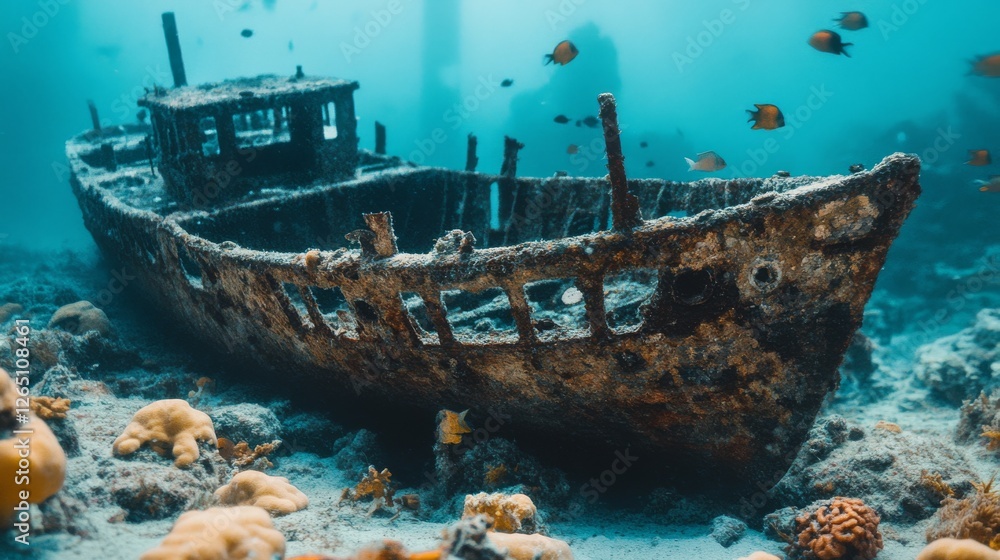 A weathered shipwreck lies on the ocean floor, enveloped by coral and marine life, creating an ethereal underwater tableau. A weathered shipwreck lies on the ocean floor, enveloped by coral and marine life, creating an ethereal underwater tableau.