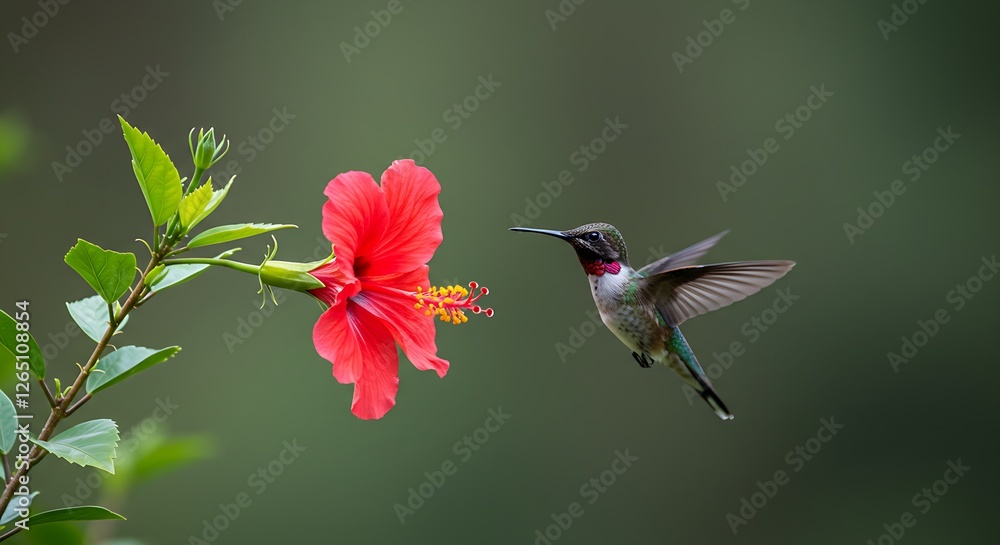 Naklejka premium A tiny hummingbird hovering near a red flower, sipping nectar with its long beak.