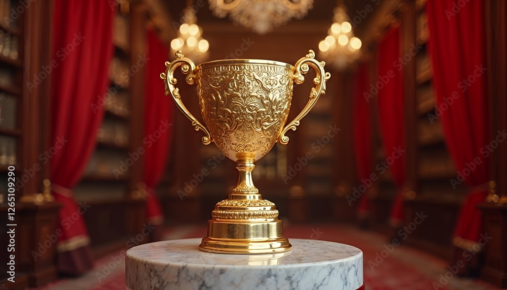 Golden Trophy Shining Brightly in Library Setting for Awards and Recognition Golden Trophy Shining Brightly in Library Setting for Awards and Recognition