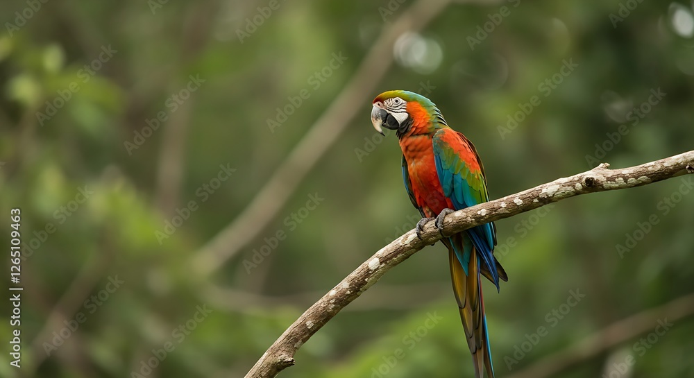 A colorful macaw perched on a tree branch in the dense Amazon rainforest. A colorful macaw perched on a tree branch in the dense Amazon rainforest.