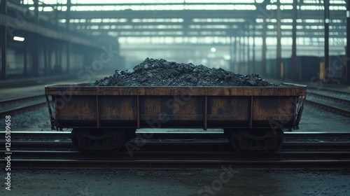 A lone, weathered industrial railcar sits on tracks, laden with coal, under a dimly lit, expansive warehouse, evoking a sense of solitude and industry. photo