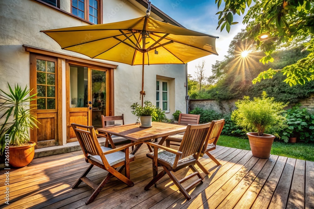Fototapeta premium Relaxing Patio Scene: Table and Chairs Under Umbrella - Stock Photo