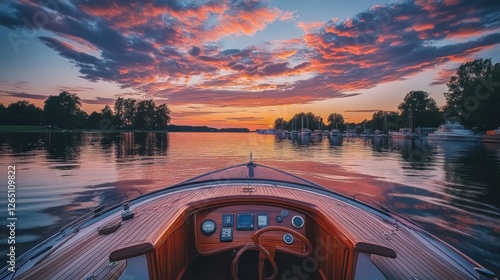 Calm sunset view from a wooden boat on a tranquil lake, with colorful clouds and a marina in the distance.