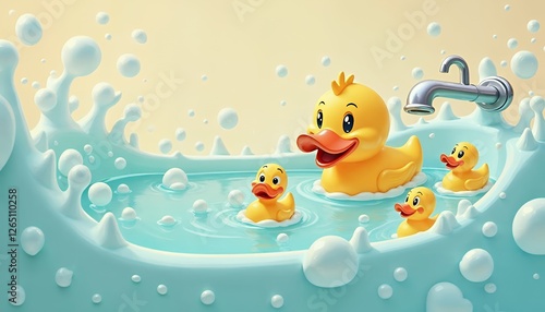 Rubber Ducks Floating in Bathwater with Bubbles and Faucet