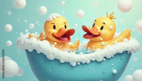 Two Yellow Rubber Ducks Enjoying a Bubble Bath in a Blue Tub