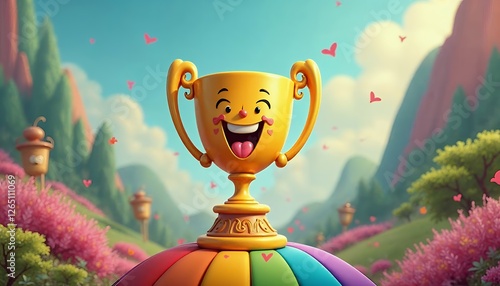 Happy Trophy Character on Rainbow Ball with Animated Landscape Background