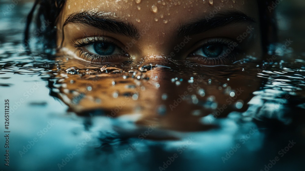 Intense eyes peer from just above water's surface, capturing a moment of focus and suspense in a mysterious aquatic setting. Intense eyes peer from just above water's surface, capturing a moment of focus and suspense in a mysterious aquatic setting.