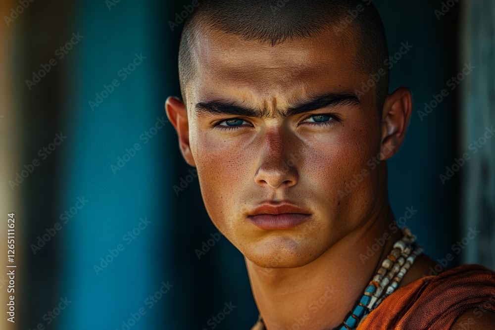 Young man with a serious expression wearing beads, standing against a rustic background in natural lighting Young man with a serious expression wearing beads, standing against a rustic background in natural lighting