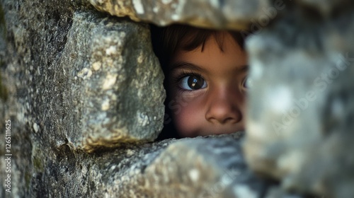 A child's curious eyes peek through a gap in a stone wall, full of wonder and discovery. photo