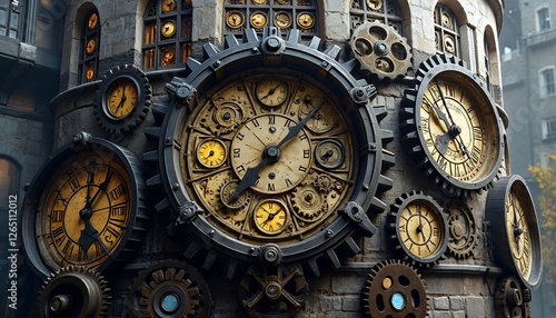 Intricate Clock Tower with Gears and Antique Timepieces Aesthetic Design