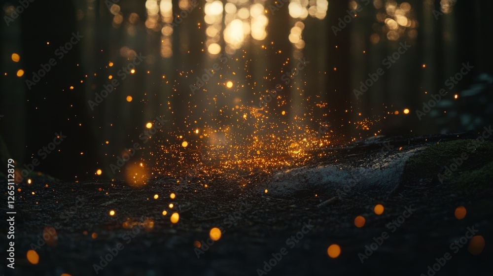 Fototapeta premium Delicate golden sparks hover above the forest floor, casting an enchanting and otherworldly glow amidst the trees.