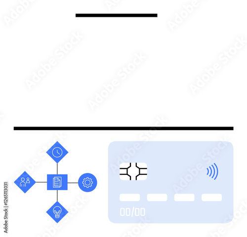Credit card with EMV chip, contactless symbol, and interconnected workflow icons for business tasks, team, ideas, and settings. Ideal for finance, technology, teamwork innovation automation