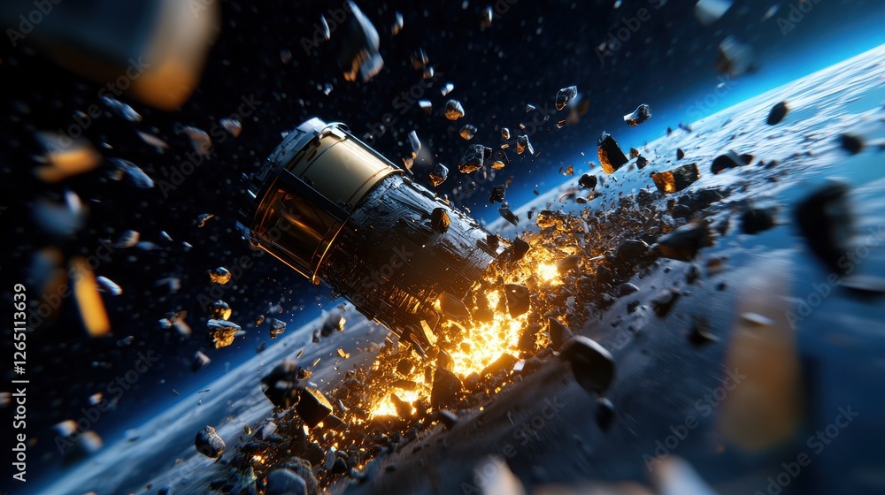 Naklejka premium Dramatic Space Explosion with Debris Surrounding a Satellite in Orbit Above Earth