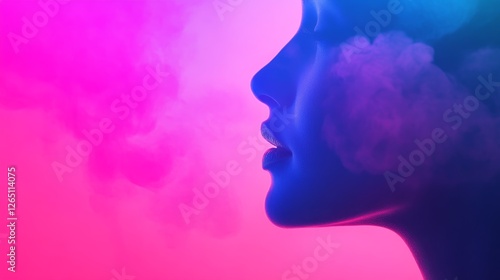 Wallpaper Mural Profile of a woman exhaling vapor against a vibrant pink and blue background, creating a dreamy atmosphere Torontodigital.ca