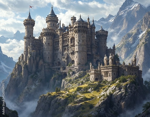 Majestic Castle on Cliffside Overlooking Mountains and Mist Scenery