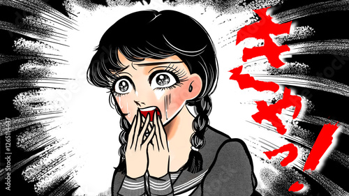 昭和ホラー漫画風叫ぶ女子高生美少女の戦慄するイラストと悲鳴