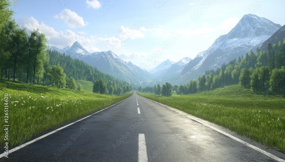 Fototapeta premium Scenic mountain road through lush green valley on a sunny day.