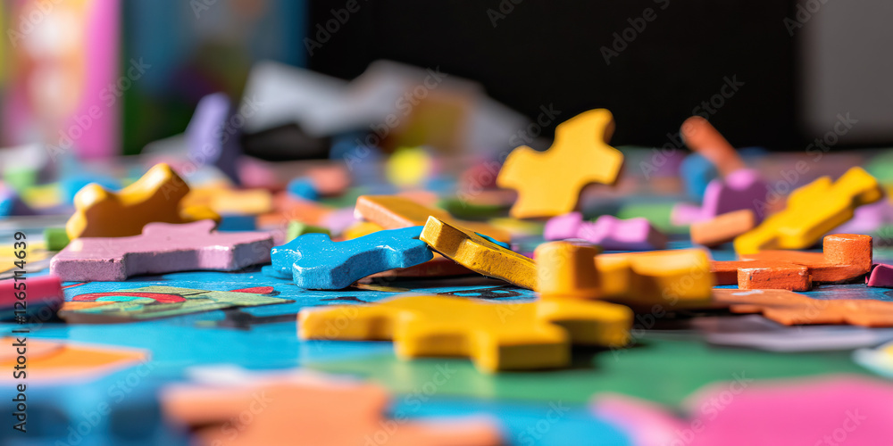 Fototapeta premium Assorted Colorful Wooden Puzzle Pieces on Puzzle Board