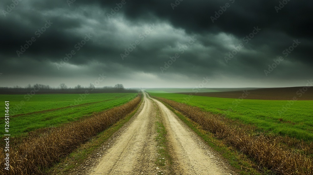 Serene rural landscape featuring a winding dirt road under dramatic stormy clouds Serene rural landscape featuring a winding dirt road under dramatic stormy clouds