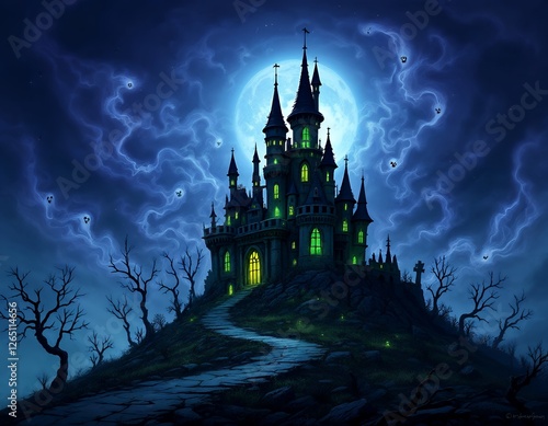 Spooky Castle on Hill Under Moonlight with Ghosts and Lightning photo