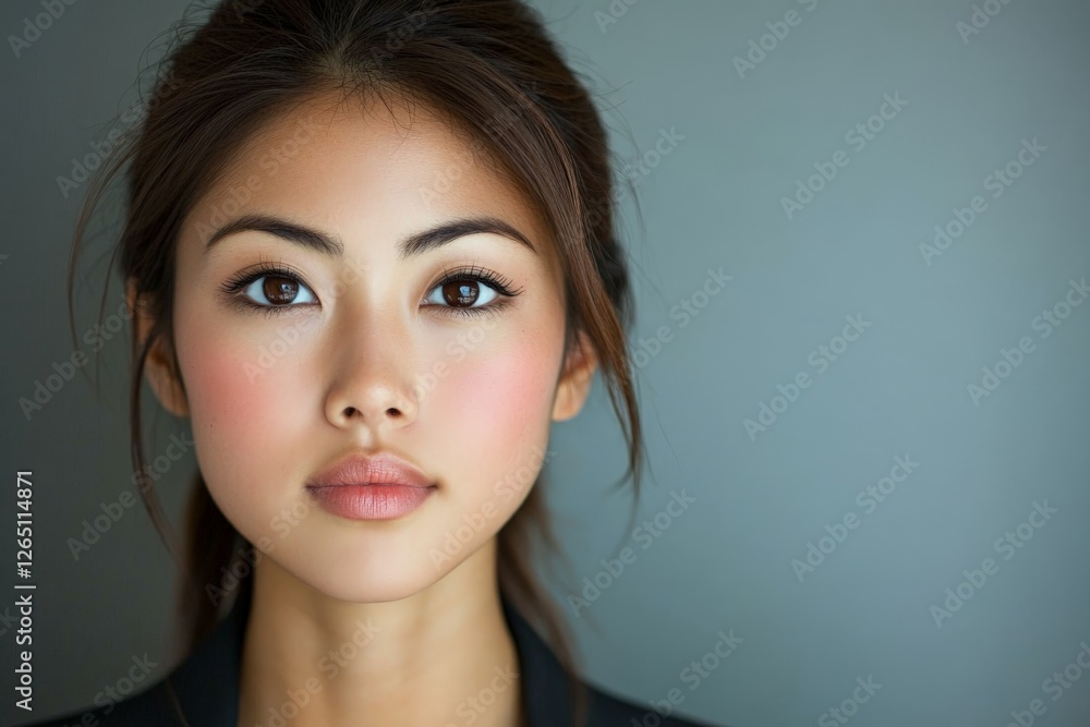Fototapeta premium Young woman with natural makeup poses confidently in front of a neutral background during a model photoshoot