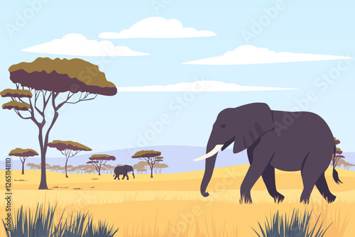 Elephants in Africa. Beautiful African landscape with elephants in the wild. Elephants safri. Travel on a wild safari. Vector panoramic natural landscape.