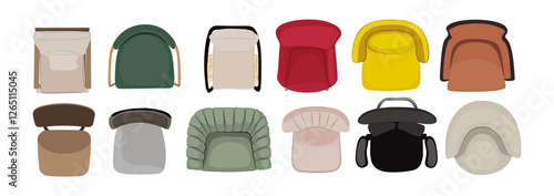 Armchairs, chairs for interior design set, top view. Overhead living room, lounge furniture, modern trendy seats of different shapes, colors. Flat illustrations isolated on transparent background. 
