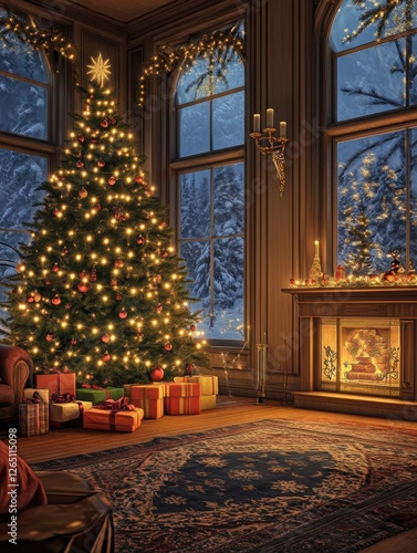 Wallpaper Mural Ornate room featuring a glowing christmas tree and fireplace Torontodigital.ca